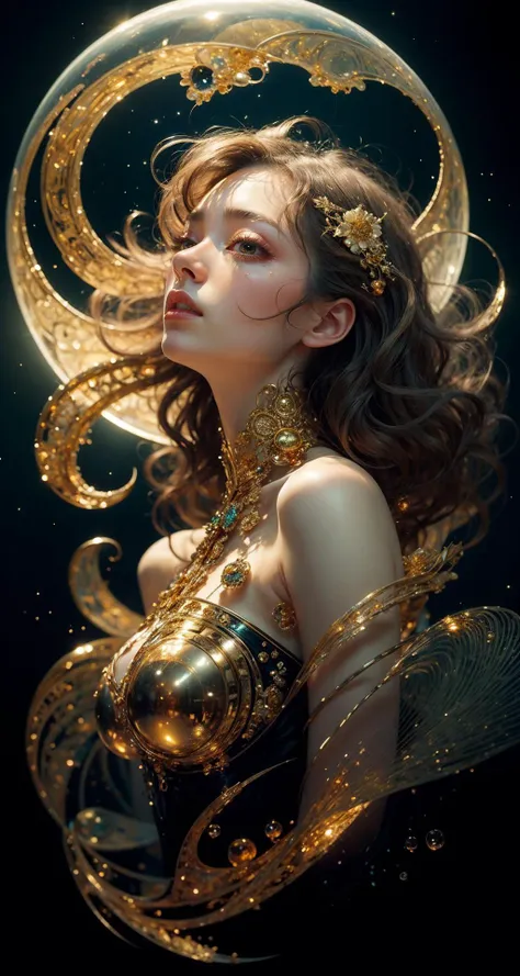 a woman with gold hair and a gold headpiece