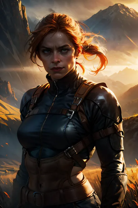 <lora:sxz-mtg:0.5>,  beautiful rogue woman, leather straps, toned body, compression shirt, long hair, half pony tail, orange hair, outdoor, field, mountains,, volumetric light, realistic, dark atmosphere, volumetric light, caustics, absurdres, eye focus, c...