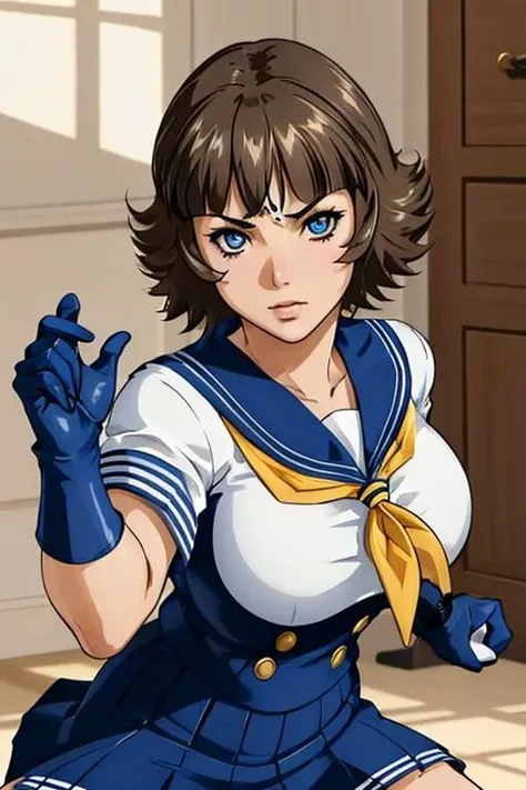 a photo of a woman, <lora:EkitokuV1.5:0.6>, ekitokuwz, school uniform, short hair, brown hair, serafuku, pleated skirt, blue skirt, brown eyes, yellow neckerchief, short sleeves, ((school yard, fighting pose, gloves)), serious, <lora:adamhughes-07:0.7>, ad...