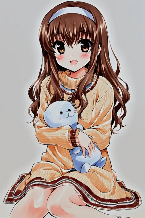 Shaa Style,
Nogizaka Haruka, 1girl, brown hair, solo, long hair, brown eyes, blush, hairband, sweater, long sleeves, looking at viewer, stuffed toy, open mouth, stuffed animal, holding, smile, dress, sitting, traditional media,