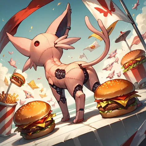 anime - style illustration of a cat standing on a table with hamburgers and fries