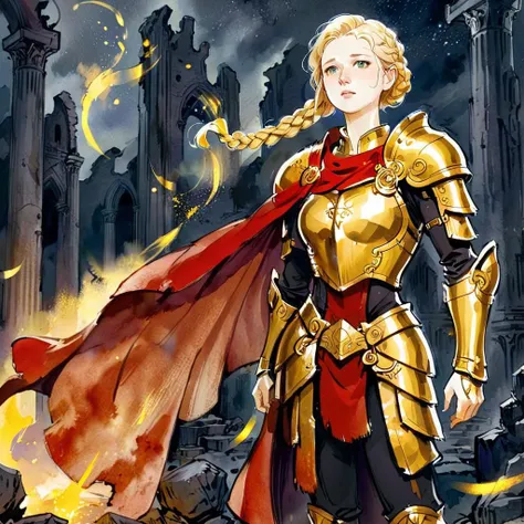 A beautiful paladin lady in golden armour with straps, blonde hair, single braid, red cape, yellow aura, ruins, night, particles, dark power fantasy, anime, <lora:Kagan-McLeod:0.8> watercolor lineart sketch by Kagan-McLeod