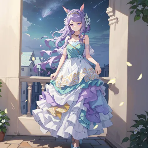 anime girl in a dress standing on a balcony with a cat on her head