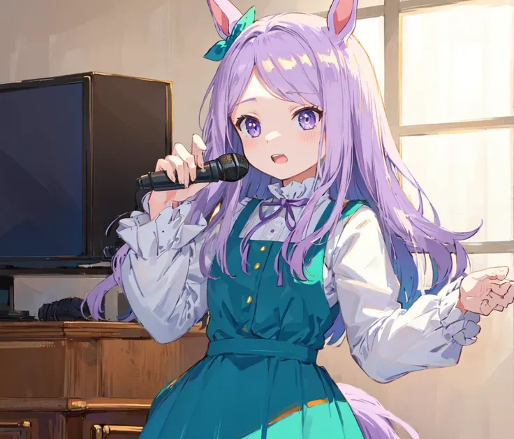 anime girl with purple hair and a cat ears holding a microphone