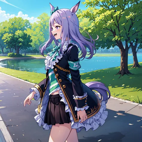 a woman in a dress and cat ears walking down a street