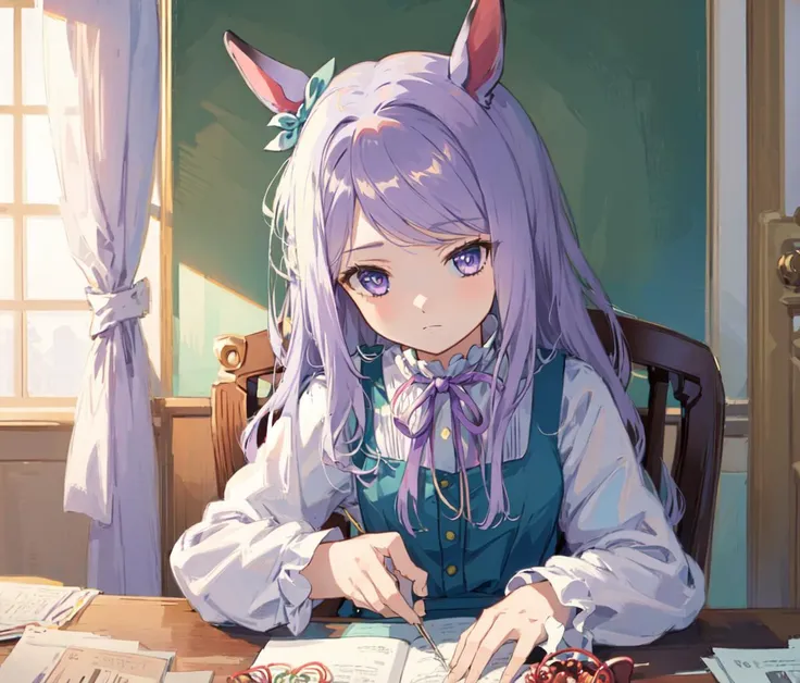 anime girl sitting at a table with a book and a pen