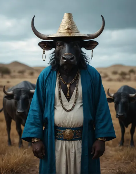 cinematic film still portrait of a anthropomorphic comical very corpulent happy (Water Buffalo:1.3) dark elf wearing a azure magic robe and hat, intricate abstract. intricate artwork, by tooth wu, wlop, beeple, dan mumford. dramatic lighting, concept art, ...