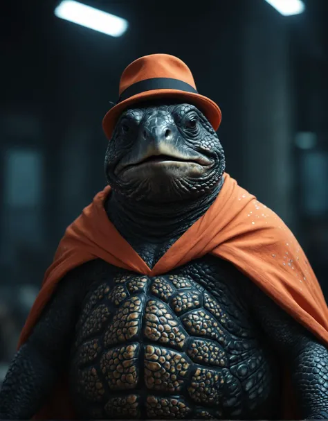 cinematic film still portrait of a anthropomorphic comical very corpulent sad (Leatherback Sea Turtle:1.3) sprite wearing a salmon magic robe and hat, intricate abstract. intricate artwork, by tooth wu, wlop, beeple, dan mumford. dramatic lighting, concept...