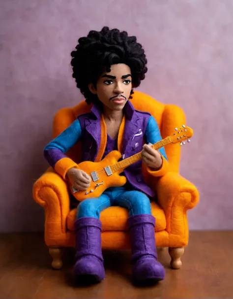 felt artwork, Prince made out of fluffy and soft felt performing music, dreamy colors, sitting on a couch