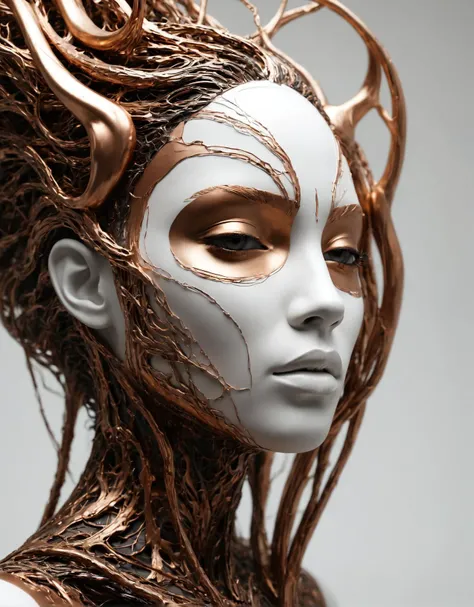 abada, in the style of graceful sculptures made out of desert and copper, nature-inspired abstractions, monochromatic color schemes, dark and gritty, exaggerated facial features, organic and flowing forms, white background, 8k, anatomically correct, textur...