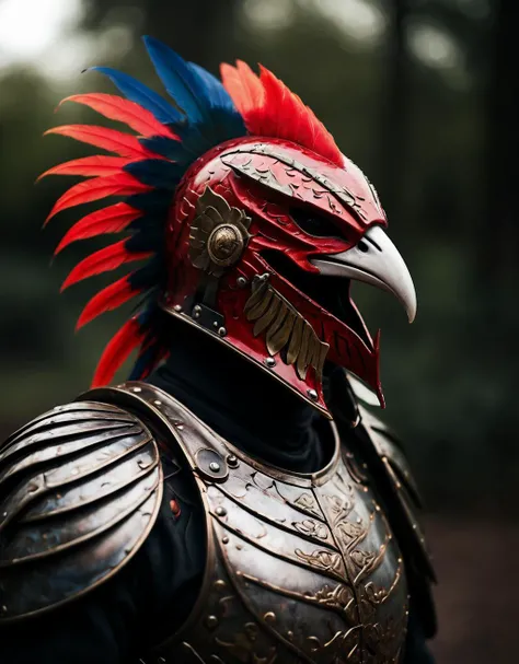 breathtaking shallow depth of field, bokeh, 50mm f1.8 avian phoenix plate armor helmet with elaborate plumage and killer beak, chiaroscuro, high resolution, sharp focus