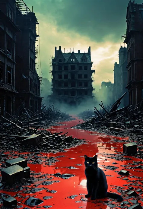 destruction, post-apocalypse, devastation,   alluring, photogenic, 
a ((far away)) small lonely red cat at the horizon,