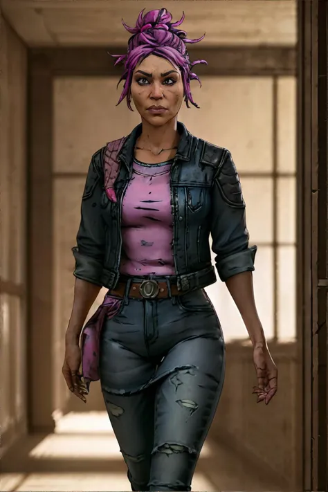 <lora:borderlands:0.5>, borderlands,Native American woman, gray Space Buns, wearing pink Denim Jacket and Dress, Walking, Dining Room, <clip:skip:2>, masterpiece, 8k, high resolution, shallow depth of field, sharp focus