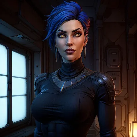 Best_QualityPos, RAW photo, intricate details, best quality, 8k uhd, soft lighting, 1girl, solo, large breasts, spiked hair, blue hair, yellow eyes, earrings, black turtleneck sweater, abs, borderlands <lora:borderlands-2:0.6>