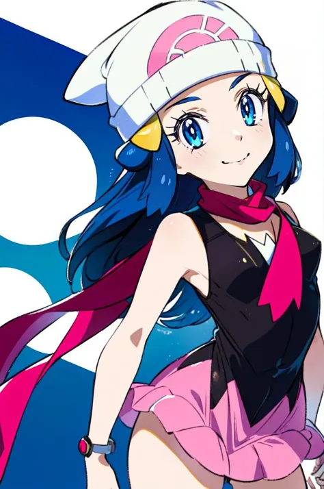 <lora:PKMN_Dawn_v1:1> pkmndawn, 1girl, blue eyes, blue hair, long hair, sidelocks, hairclip, beanie, black dress, sleeveless, pink skirt, scarf, smile,   <lora:Niko Tama 1.5:0.8>, absurdres, ultra detailed, masterpiece, best quality, aesthetic, detailed,