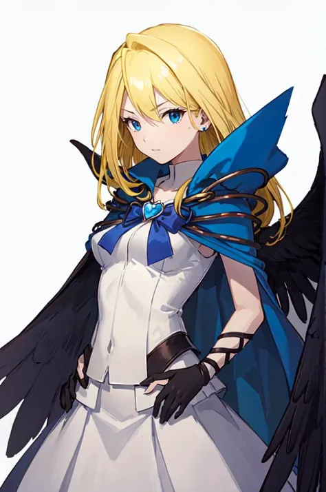 <lora:heart_brooch_on_chest-train-prodigy-v1-1-1-000017_1_BiiIiMoOOo_WOF:1> heartbroochonchest,  blue brooch, bow on chest, <lora:RtPL-Malice:1> malice_(riviera), black_wings, blonde_hair, long_hair, blue_cape, white_dress, angel_wings, gloves,, ultra deta...