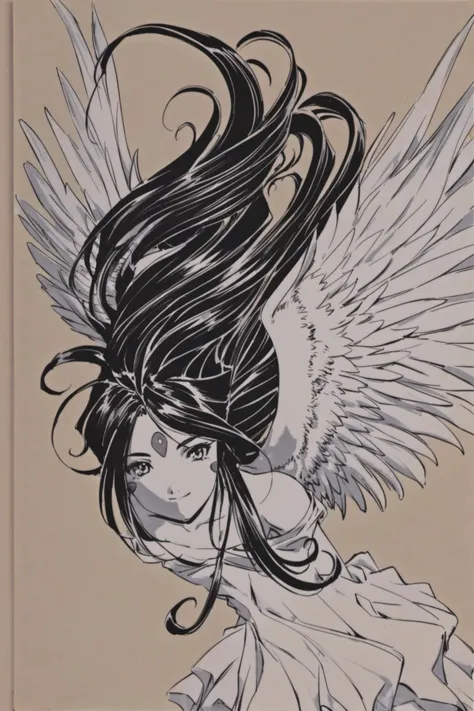 Skuld, 1girl, solo, monochrome,  greyscale, forehead mark, wings, long hair, facial mark, angel wings, retro artstyle, smile, traditional media,<lora:Kosuke Fujishima_XL:0.8>