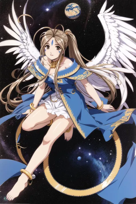 belldandy,1girl, planet, jewelry, long hair, facial mark, earth (planet), forehead mark, solo, brown hair,  bracelet, wings, spa...