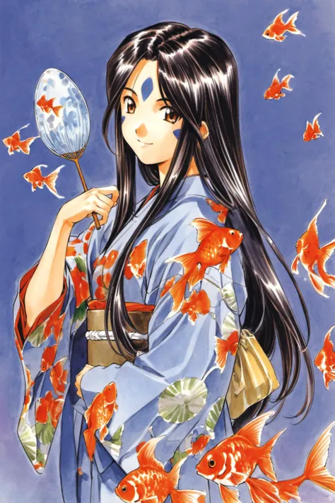 Skuld, 1girl, solo, japanese clothes, kimono, long hair, uchiwa, paper fan, facial mark, hand fan, forehead mark, blue kimono, smile, yukata, black hair, brown eyes, simple background, fish, obi, 1990s (style), bagged fish, sash, goldfish, traditional medi...