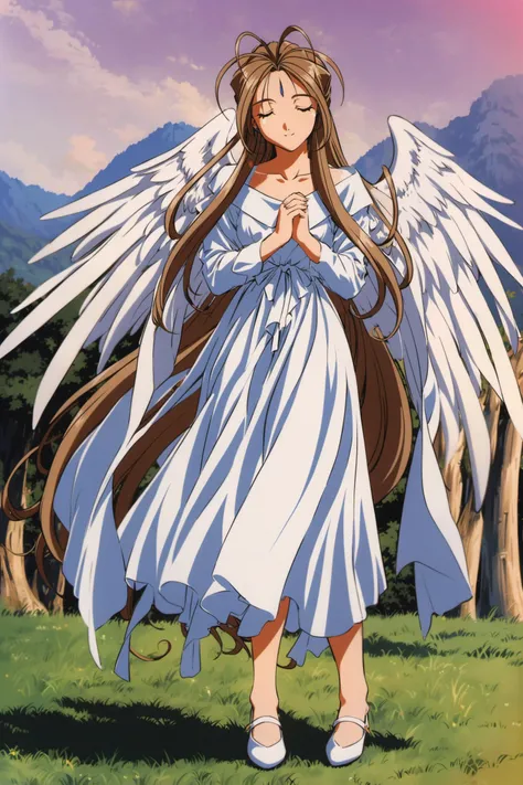 Belldandy, long hair, wings, 1girl, dress, closed eyes, brown hair, solo, 1990s (style), retro artstyle, own hands together, angel wings, nature, own hands clasped, white dress, very long hair, tree, full body, outdoors,<lora:Kosuke Fujishima_XL:0.8>