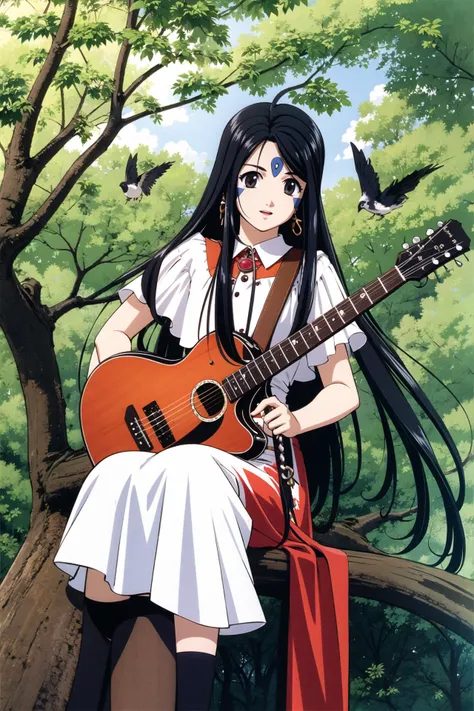 skuld, 1girl, bird, solo, long hair, instrument, facial mark, dress, forehead mark, tree, jewelry, black hair, sitting, earrings...