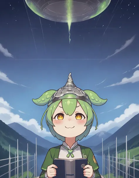 a cartoon girl with green hair and a green hat reading a book