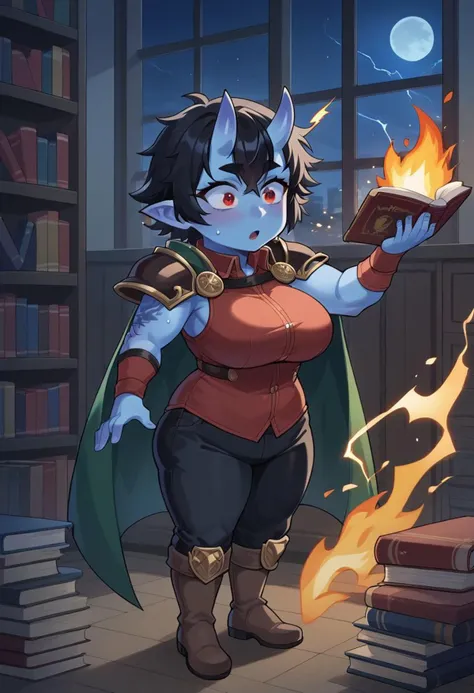 a cartoon image of a woman in a library holding a book