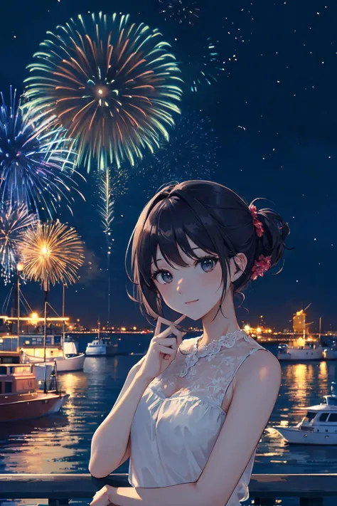 anime girl with fireworks in the background