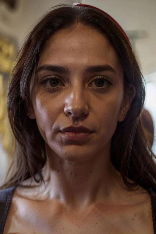 a close up of a woman with a red headband on