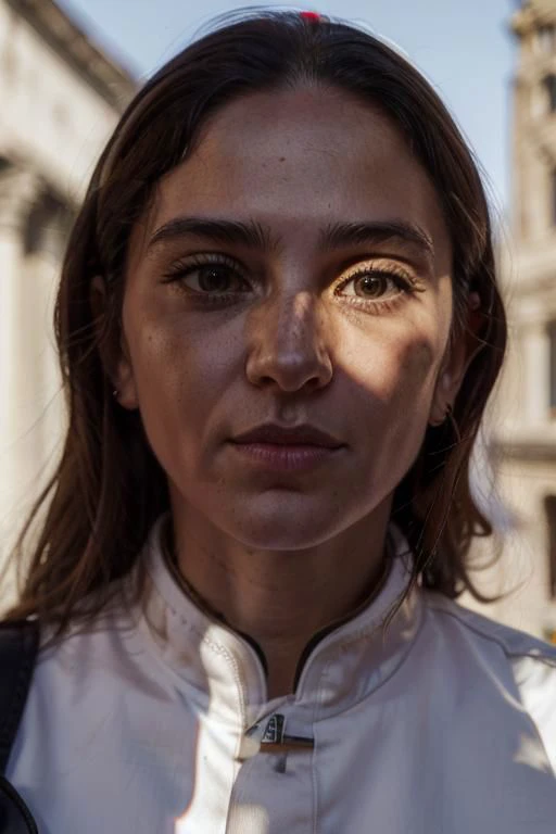 a close up of a woman with a backpack and a building in the background