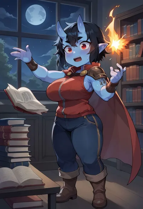 a cartoon image of a woman in a red shirt and a red cape holding a book