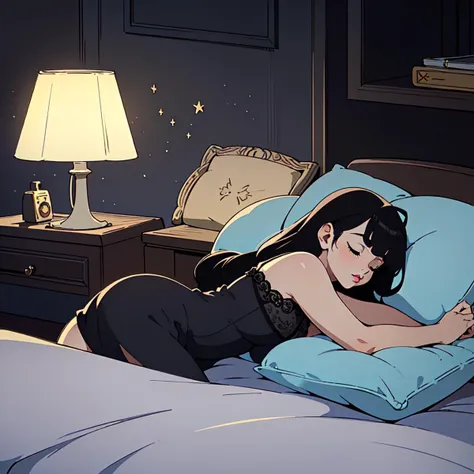 anime girl laying on a bed with a blue pillow