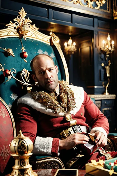 cinematic still of Jason Statham as an action hero Santa Clause, wearing a Santa costume with (Mistletoe), sitting on a golden throne, with reindeers abandoned throne room, gift box and stained floor, highly details, best quality, masterpiece, detailed fac...