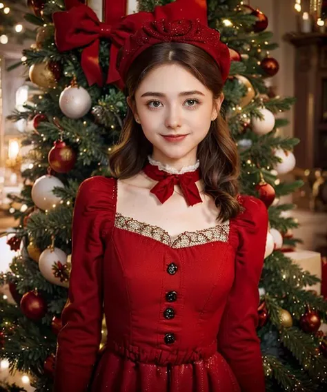 a close up of a woman in a red dress standing in front of a christmas tree