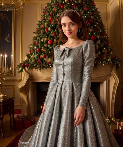 arafed woman in a silver dress standing in front of a christmas tree