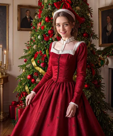 arafed woman in a red dress standing in front of a christmas tree