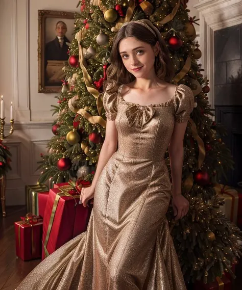 a woman in a gold dress standing in front of a christmas tree