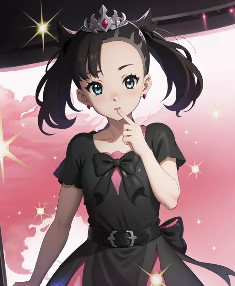 (best quality), highres, <lora:add_detail:-0.7>, <lora:KonF:0.8>,blush, looking at viewer, <lora:marnie_v1:0.9>, hmmarnie, aqua eyes, black ribbon, tiara, earrings, jewelry, belt, black dress, pink dress, short sleeves, bow, sparkle, glitter, embarrassed,