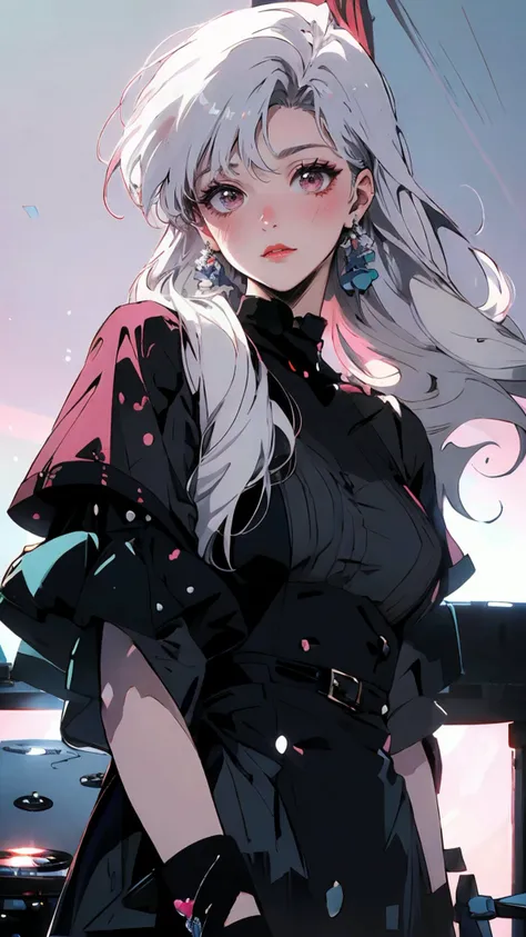 90s,style of a 1990s anime,masterpiece,best quality,1girl,solo,long hair,(white hair:1.2),bangs,red lips,closed mouth,blush,jewelry,earrings,looking at viewer,upper body,simple background,<lora:s_20230805204449:1>,<lora:Better light:0.5>,