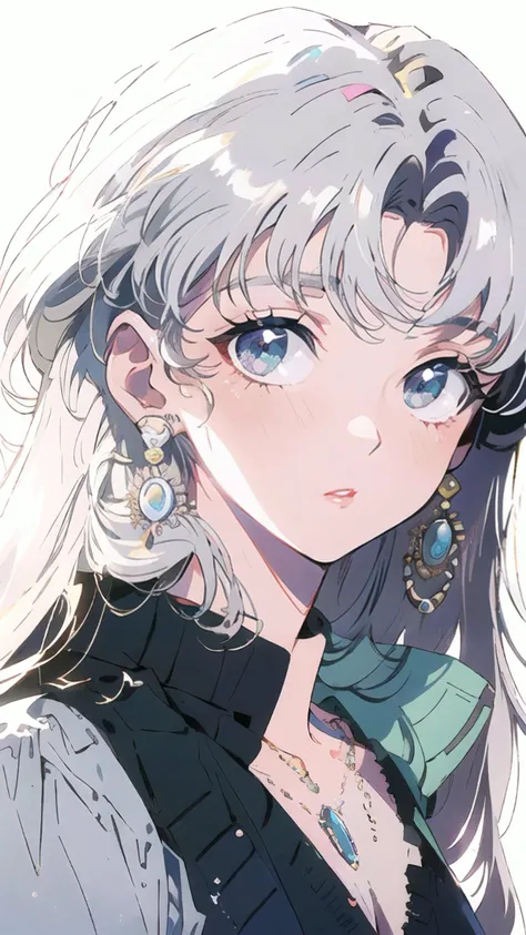 masterpiece,best quality,PIXIV,90s,style of a 1990s anime,1girl,solo,long hair,(white hair:1.5),bangs,red lips,closed mouth,blush,jewelry,earrings,looking at viewer,upper body,close-up view,simple background,<lora:s_20230805204449:1>,<lora:æ³å:0.3>,