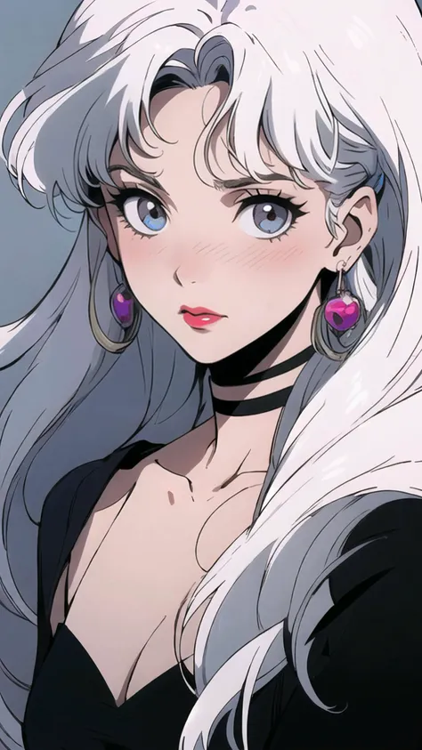 masterpiece,best quality,PIXIV,90s,style of a 1990s anime,1girl,solo,long hair,(white hair:1.5),bangs,red lips,closed mouth,blush,jewelry,earrings,looking at viewer,upper body,close-up view,simple background,<lora:s_20230805204449:1>,