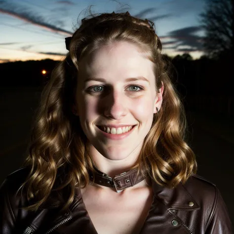 arafed woman with a leather jacket and a choker smiles at the camera