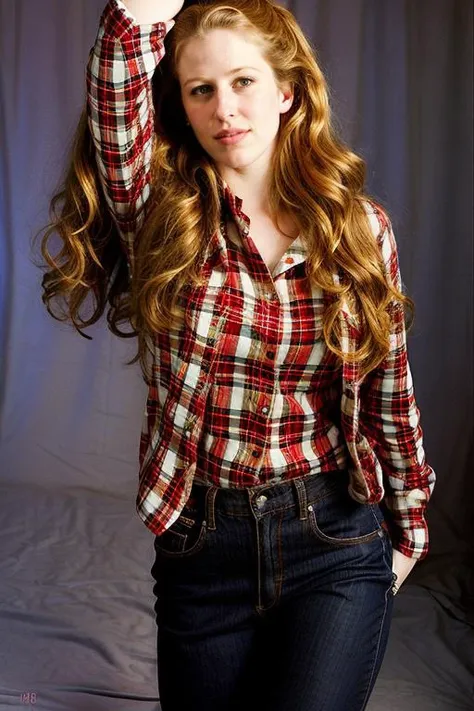 arafed woman with long red hair and plaid shirt posing for a picture