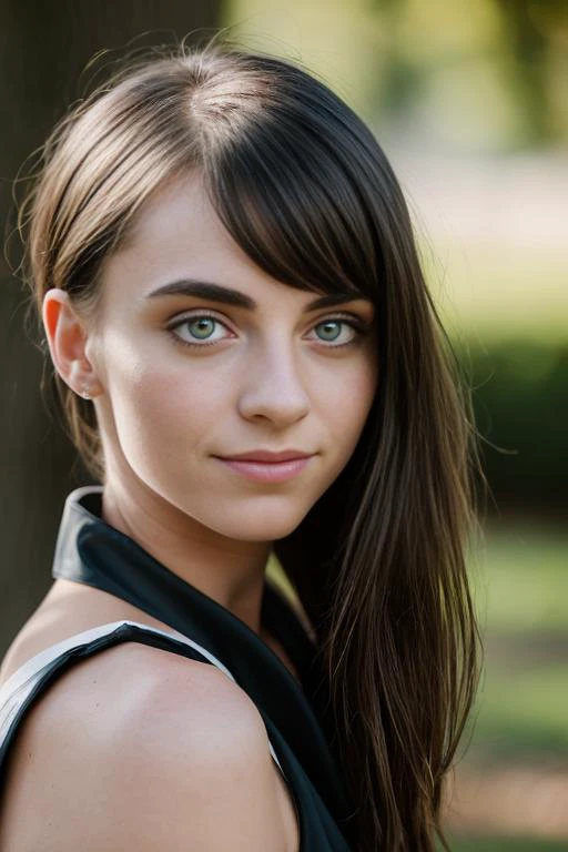 a close up of a woman with long hair and a black top