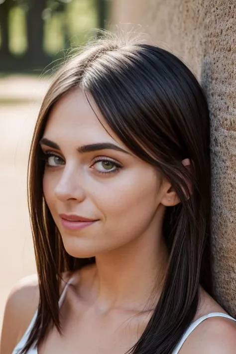 a woman leaning against a wall with a smile on her face