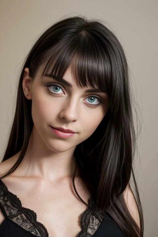 a close up of a woman with long hair wearing a black bra