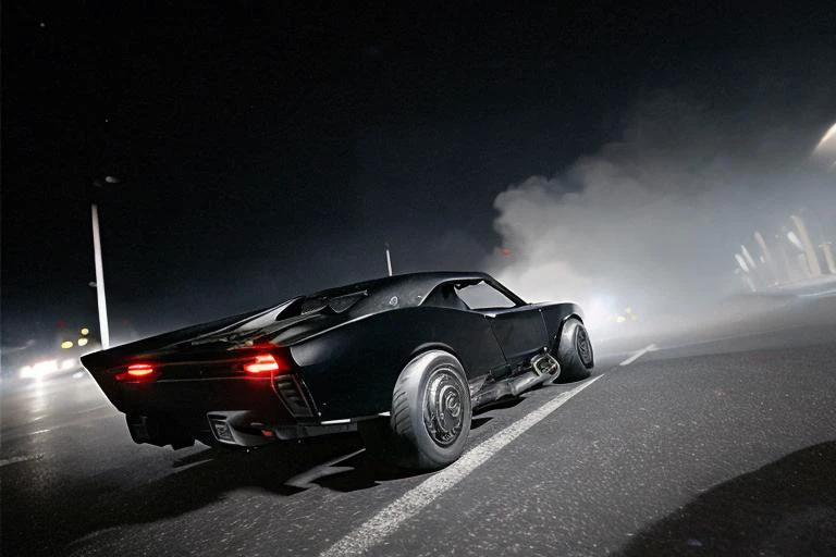 analog gloomy photo of a muscle car, <lora:b4tm0b1l322:1>, racing down an avenue at night, city buildings on fire, outrun, explosions in the background, tracer gunfire, ((nighttime)), High Detail, Sharp focus, ((photorealism)), realistic, best quality, 8k,...