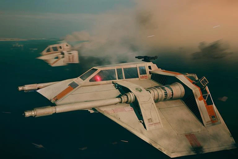 analog gloomy aerial photo of a Star Wars (Snowspeeder, <lora:st4rw4r55n0wsp33d3r:1>), ((nighttime)), (flying low through a city on fire), (explosions in the background), (lasers),  High Detail, Sharp focus, (photorealism), realistic, best quality, 8k, awa...