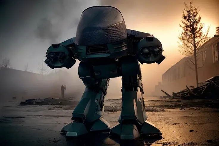 analog gloomy photo of a ((ED-209 robot, <lora:ed209:1>)), ((religious apocalypse:1.2)), snow, (horror movie), ((nighttime)), a decayed dilapidated city, ruins, (explosions in the background), wet floor, (fire on the floor), High Detail, Sharp focus, (phot...