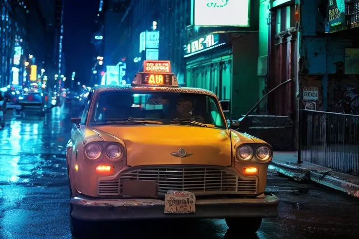 analog gloomy photo of a taxi,  <lora:ch3ck3rc4b:1>, rear view, ((broadway in new york city (at night))), (abandoned buildings), (graffiti), (horror movie), ((nighttime)), (rain),  neon signs, marquee, High Detail, Sharp focus, (photorealism), realistic, b...